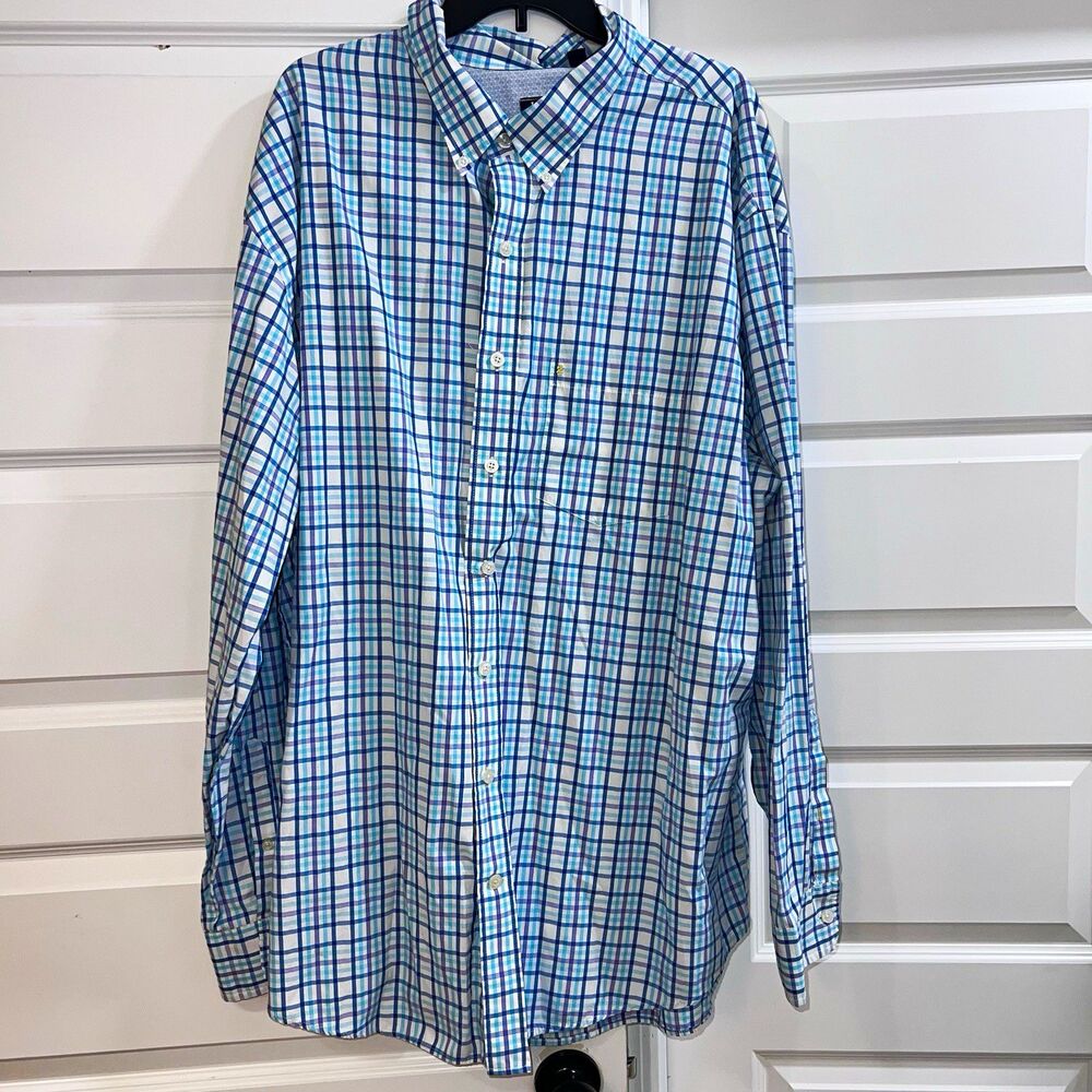 IZOD Shirt Mens 3XLT Big & Tall Plaid Long Sleeve Button Down Blue Teal